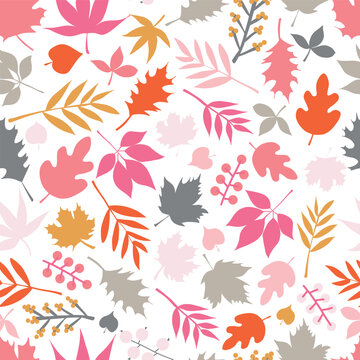 Seamless vector background autumn doodle leaves. Scandinavian style repeating pattern. Red pink gold gray leaf illustration. Use for fall decoration, Thanksgiving card, fabric, kids textiles