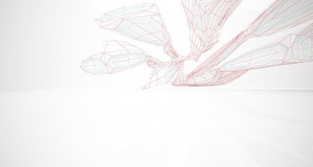 Drawing abstract architectural white interior of a minimalist house with large windows. 3D illustration and rendering.