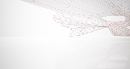 Drawing abstract architectural white interior of a minimalist house with large windows. 3D illustration and rendering.