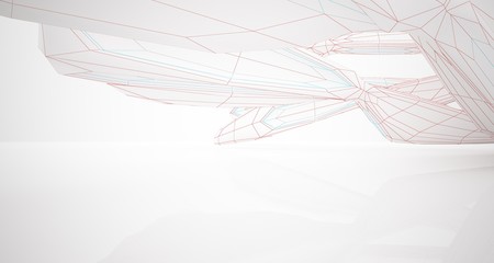 Drawing abstract architectural white interior of a minimalist house with large windows. 3D illustration and rendering.