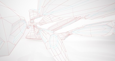 Drawing abstract architectural white interior of a minimalist house with large windows. 3D illustration and rendering.