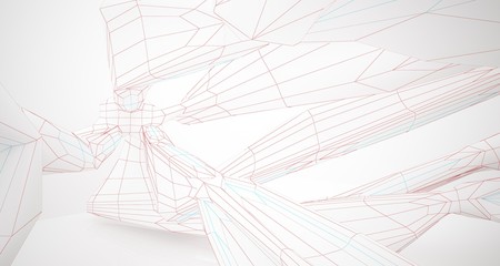 Drawing abstract architectural white interior of a minimalist house with large windows. 3D illustration and rendering.