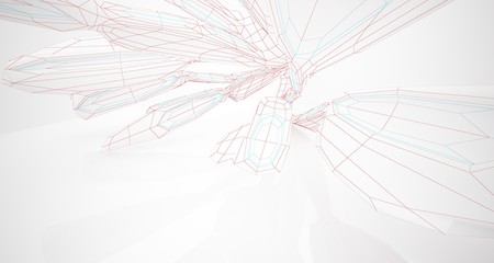 Drawing abstract architectural white interior of a minimalist house with large windows. 3D illustration and rendering.