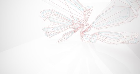 Drawing abstract architectural white interior of a minimalist house with large windows. 3D illustration and rendering.