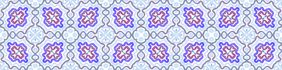 Blue Seamless Border Scroll. Geometric Watercolor 