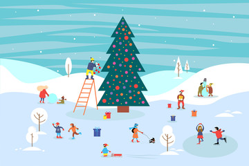 Decorated Christmas tree on street. Winter season background people characters. People have fun. Families and friends walk, ice skate, sculpt a snowman, carry gifts.  Flat vector illustration.