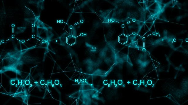 Animation of typing aspirin chemical formula consisting of benzene rings, hexagon in abstract digital space. Seamless loopable background.