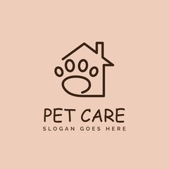 Pet shop clinic home care logo design with house and dog or cat footprints