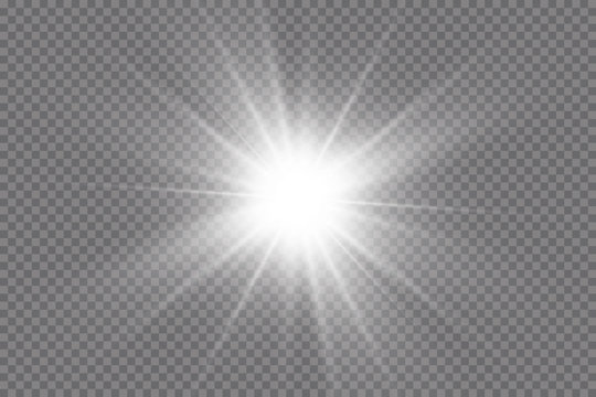 White glowing light explodes on a transparent background. with ray.  Transparent shining sun, bright flash.  Special lens flare light effect