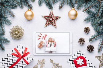 Beautiful celebratory Christmas background. New Year's holidays. Christmas holidays. Beautiful Christmas decorations on the wooden background. Loft style. Mockup