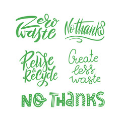 Lettering set template with hand drawn vector. Unique phrases about eco, waste management. Motivational quote for choosing eco friendly lifestyle, using reusable products. Modern different typography.