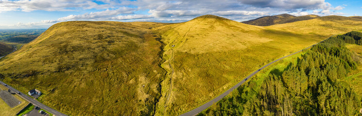 aerial panoramic view of sunset in mourne mountain area ,Northern Ireland