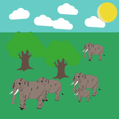 Against the background of the sky and green grass is a herd of elephants, large and small baby. Animals of inanimate nature. Illustration for children, for a book, for a magazine.