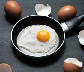 Fried egg in pan and empty eggshell