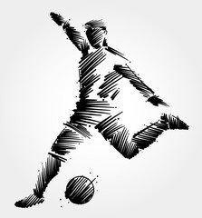 Goalkeeper running to kick the ball away, made in black brush strokes on light background