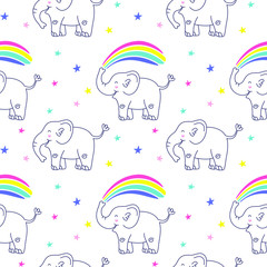 Elephants launch a rainbow and colored stars. Children seamless pattern for fabric, background, gift paper, wallpaper. Cute vector illustration.