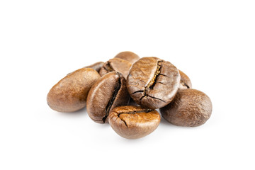 Roasted coffee beans for espresso, cappuccino on white background.