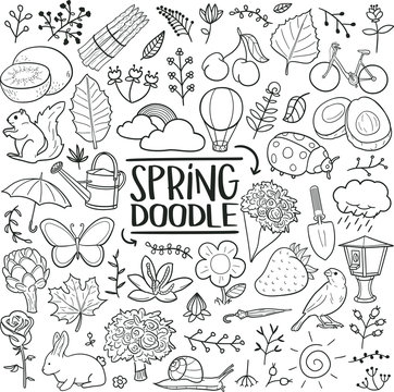 Spring Season Nature Traditional Doodle Icons Sketch Hand Made Design Vector