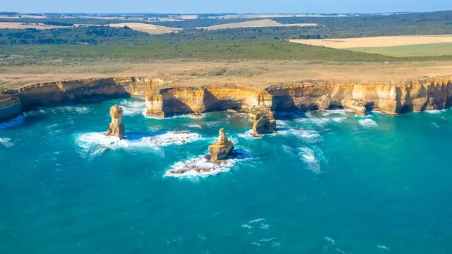 Aerial view of shipwreck coast on the Great Ocean Road in Victoria, Australia famous attraction of the Port Campbell National Park cinemagraph.