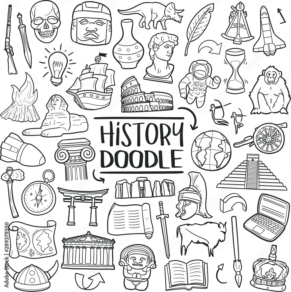 Wall mural history of humanity subject. traditional doodle icons. sketch hand made design vector art. - Wall murals