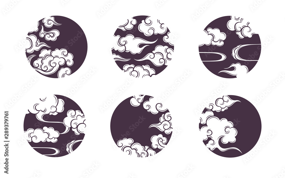 Wall mural asian circle cloud set. traditional cloudy ornaments in chinese, korean and japanese oriental style.