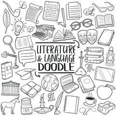 Literature and Language School. Traditional Doodle Icons. Sketch Hand Made Design Vector.