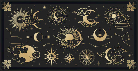 Asian set with clouds, moon, sun and  stars . Vector collection in oriental chinese, japanese, korean style. Line hand drawn illustration isolated on black background. Retro elements set. - obrazy, fototapety, plakaty