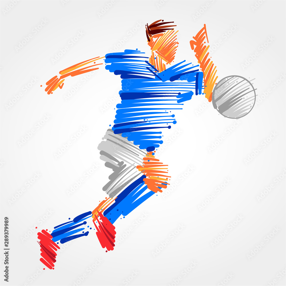 Wall mural Soccer player running behind the ball made of blue and grayscale brushstrokes