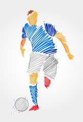 Soccer player running behind the ball made in blue and grayscale brush strokes