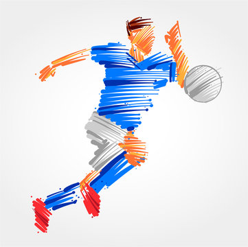 Soccer player running behind the ball made of blue and grayscale brushstrokes