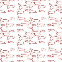 Pattern. Red fishes on white background. Line drawn  illustration.