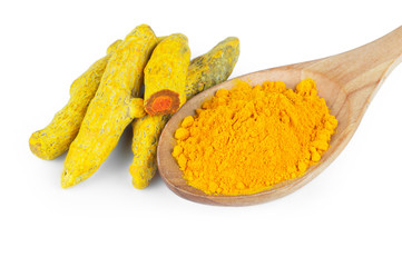 Turmeric peeled root and turmeric powder in wooden spoon isolated on white background, healthy spice curcumin ( curcuma longa )