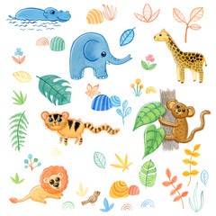 Naklejka premium Cartoon Jungle Animals Set in Watercolour