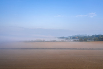 Aerial Shoot of Countryside Fields in Morning Fog