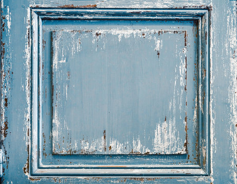 Distressed Painted Wood Panel From A Shutter Or Inlaid Wall. Chipped Paint On Distressed Wood Surface.