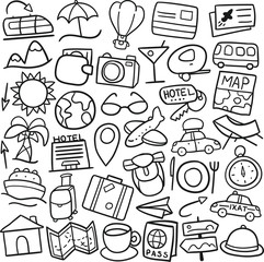 Travel Summer Icons. Traditional Doodle Drawn Sketch. Hand Made Design Vector.  