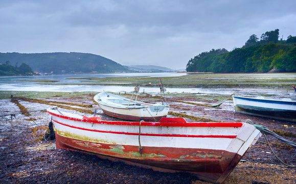 Traditional fishing rowing boat on the Galician coast, northern Spain