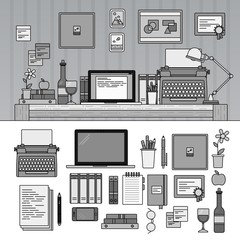 Writer or journalist work space on white. Line monochrome vector illustration.