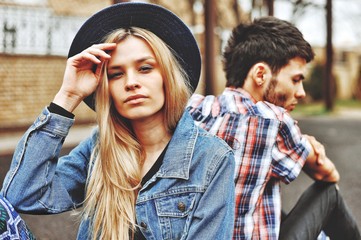 Young couple outdoor portrait. Relationships 