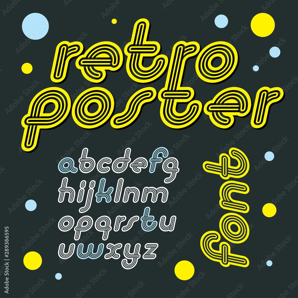Fototapete vector retro lowercase english alphabet letters collection. cool disco cursive font, script from a t
