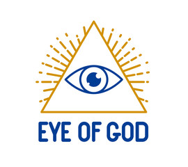 All seeing eye of god in sacred geometry triangle, masonry and illuminati symbol, vector logo or emblem design element.