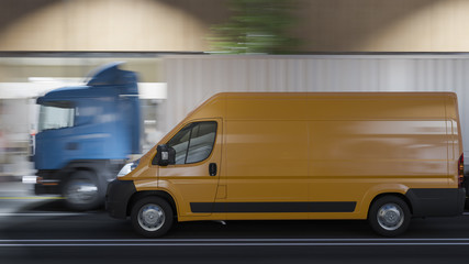 Yellow Delivery Van and a Container Truck Moving on the Road at Nighttime 3D Rendering
