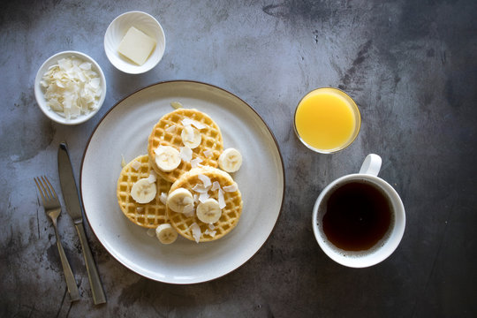 Banana Coconut Waffles With Syrup