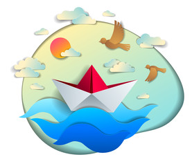 Origami paper ship toy swimming in ocean waves, beautiful vector illustration of scenic seascape with toy boat floating in the sea and birds in the sky. Water travel, summer holidays.