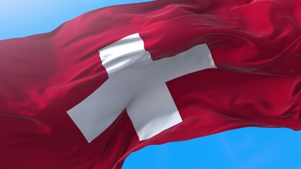 Switzerland flag video waving in wind 4K. Realistic Swiss background. Switzerland background looping 3840x2160 px