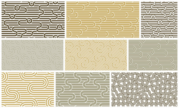 Seamless lines patterns set, stripy geometric vector abstract backgrounds collection, linear stripy net, optical maze, web network.
