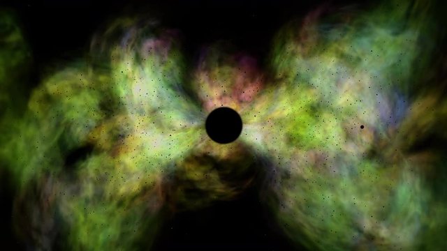 Swirling clouds of gas, dust and dark matter getting sucked into a black hole in outer space.