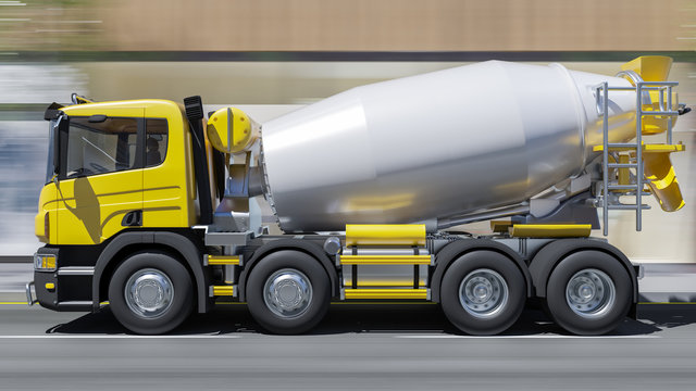 Cement Truck with a Yellow Cab on the Move in Daylight 3D Rendering