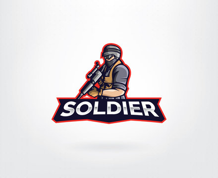 Soldier mascot character logo design. Player mobile gaming mascot logo vector. Military vector logo template