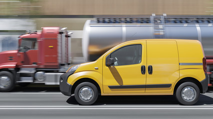 Yellow Mini Van with a Fuel Tanker in Broad Daylight 3D Rendering